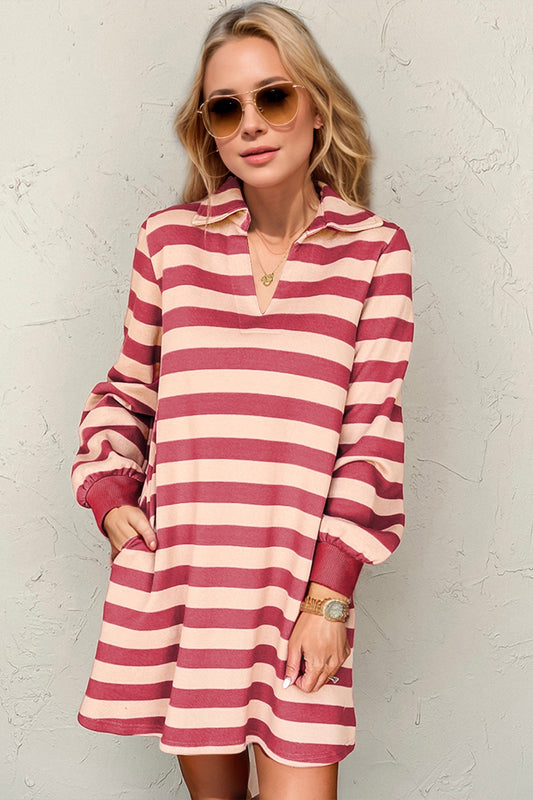 Full Size Striped Contrast Collared Neck Long Sleeve Dress