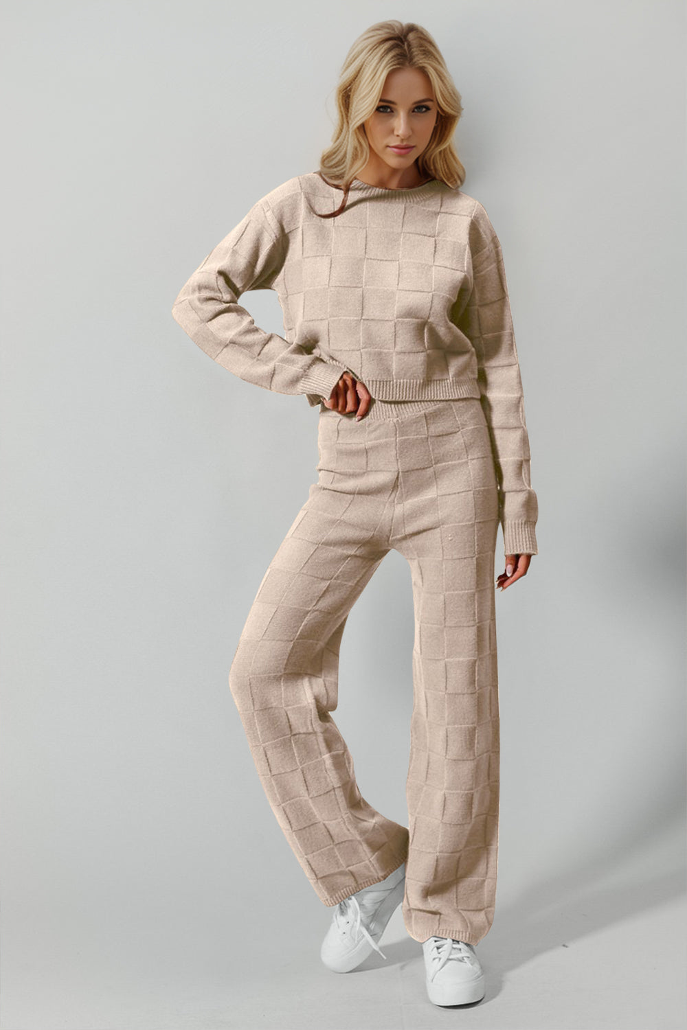 Full Size Checkered Round Neck Top and Pants Set