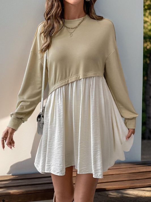 Contrast Round Neck Long Sleeve Mini Dress