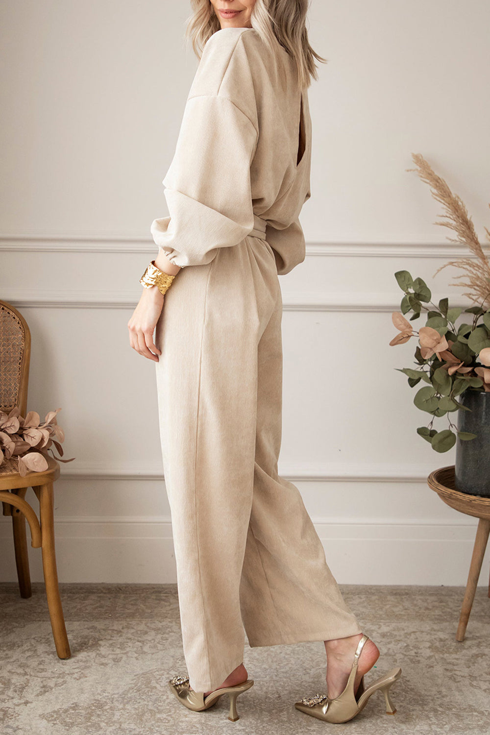 V-Neck Tie Waist Wide Leg Jumpsuit