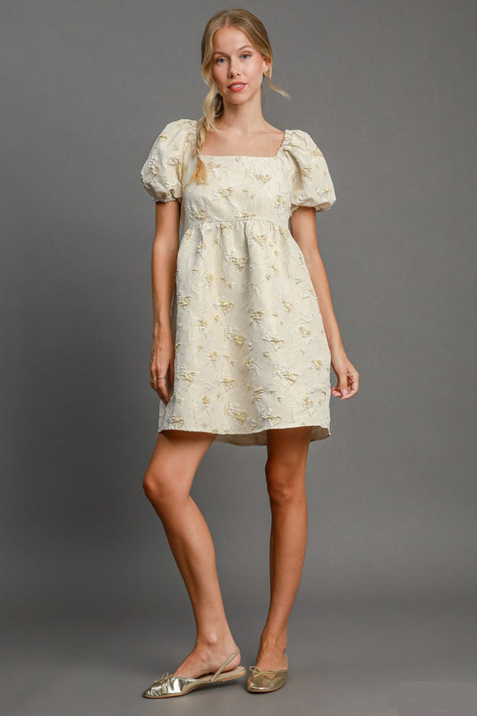 Heart Jacquard Square Neck Puff Sleeve Mini Dress