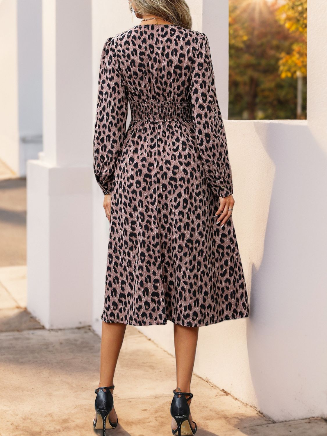 Leopard Surplice Long Sleeve Midi Dress