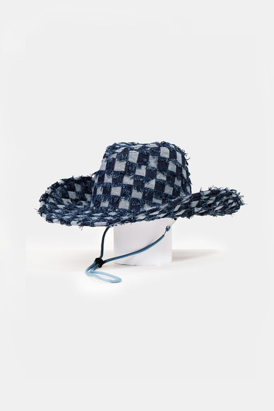 Checkered Fringe Denim Cowboy Hat