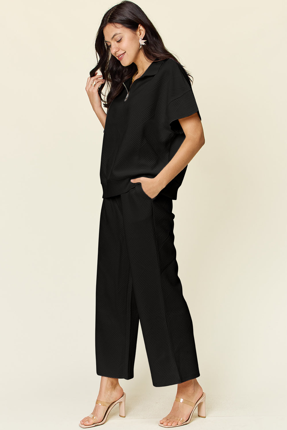 Full Size Texture Half Zip Short Sleeve Top and Pants Set