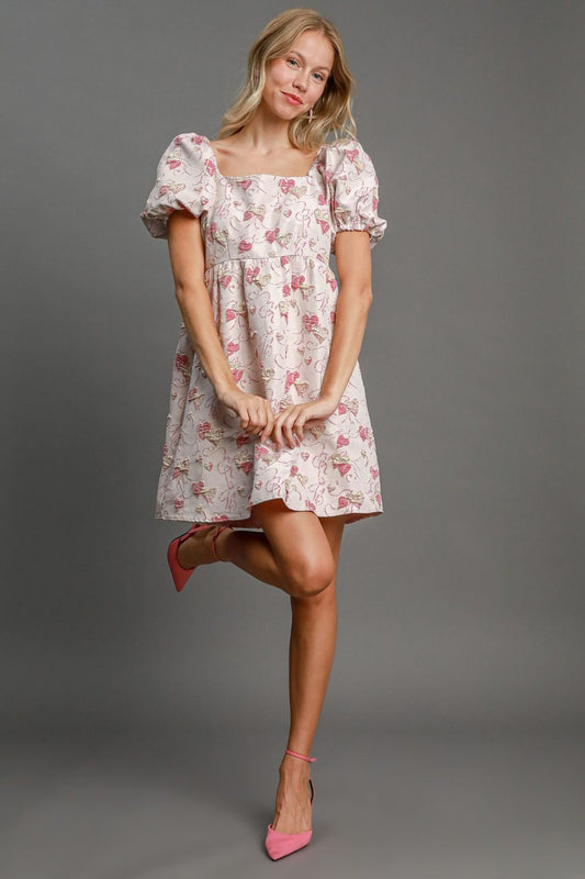 Heart Jacquard Square Neck Puff Sleeve Mini Dress