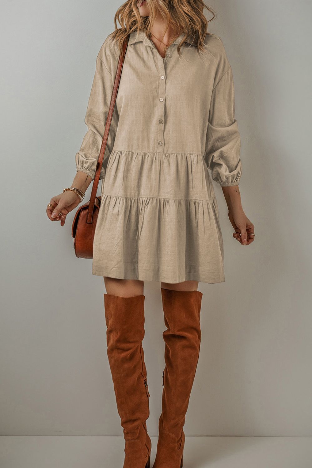 Tiered Collared Neck Balloon Sleeve Shirt Dress