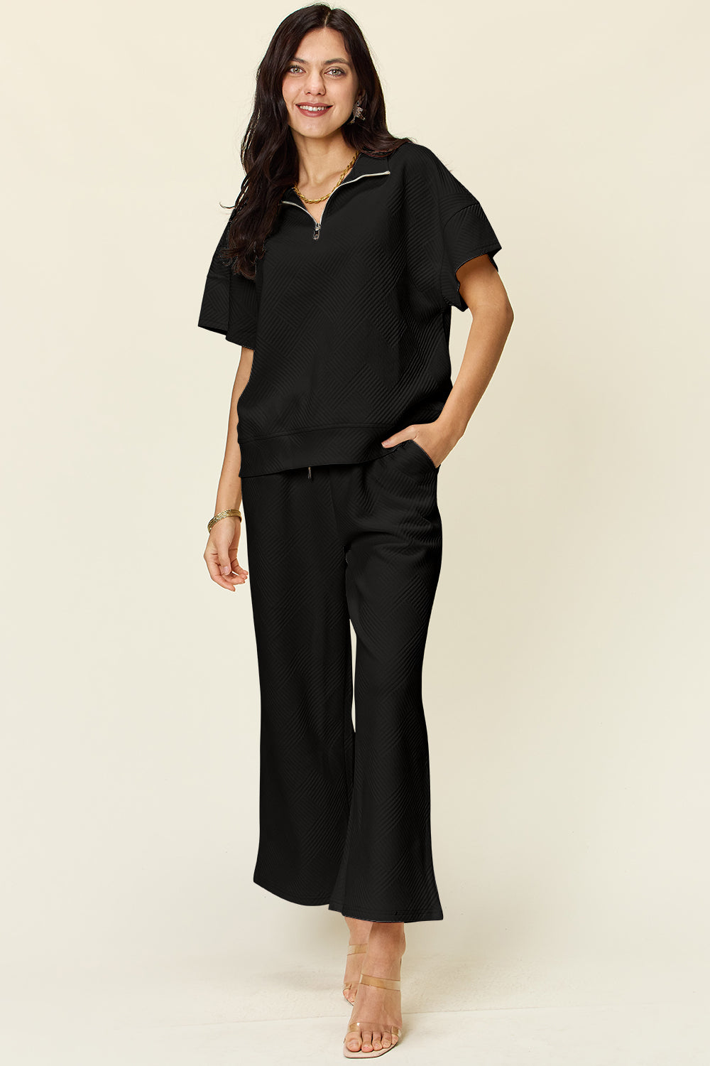 Full Size Texture Half Zip Short Sleeve Top and Pants Set